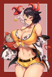 Rule 34 | 1girl, 2021, absurdres, animal ears, animal print, bare shoulders, black hair, breast hold, breasts, cleavage, covered erect nipples, cow ears, cow girl, cow horns, cow print, cow tail, cowboy shot, ear tag, grey hair, haori, highres, horns, japanese clothes, large breasts, looking at viewer, midriff, multicolored hair, navel, number pun, pink background, red background, red eyes, shirt, short hair, shorts, solo, split-color hair, tail, tied shirt, touhou, two-tone hair, ushizaki urumi, yellow shorts, zzo0