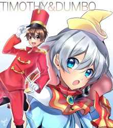 Rule 34 | 2boys, animification, artist name, bad id, bad pixiv id, blue eyes, brown eyes, brown hair, character name, dumbo, dumbo (character), epaulettes, feathers, gloves, hat, highres, looking at viewer, maian, maianh, male focus, multiple boys, open mouth, personification, shako cap, short hair, silver hair, timothy q. mouse, white background, white gloves
