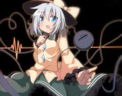 Rule 34 | 1girl, blue eyes, bow, darkness, do (4-rt), hat, hat bow, komeiji koishi, long sleeves, open mouth, shirt, silver hair, skirt, solo, third eye, touhou, wide sleeves