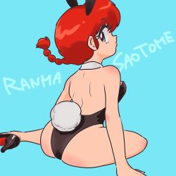 Rule 34 | 1girl, animal ears, ass, black footwear, blue background, character name, detached collar, highres, leotard, playboy bunny, punch121ykk, rabbit ears, rabbit girl, rabbit tail, ranma-chan, ranma 1/2, red hair, saotome ranma, simple background, solo, tail