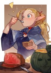Rule 34 | !, 1girl, absurdres, blonde hair, blush, bowl, brown background, capelet, commentary request, dungeon meshi, eating, elf, food, fruit cup, green eyes, hair bun, hair ribbon, highres, huge filesize, long hair, looking away, marcille donato, meat, pointy ears, ponytail, pumpkin, red ribbon, ribbon, single hair bun, solo, spoon, two-tone background, uedrk yamato, upper body, white background