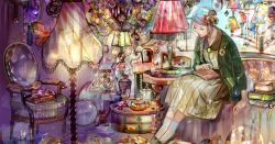 Rule 34 | 1girl, bad id, bad pixiv id, blue hair, book, book stack, bottle, box, braid, buttons, carafe, chair, closed eyes, coat, couch, desk lamp, dress, flower, green coat, green footwear, hair flower, hair ornament, indoors, jewelry, lamp, lampshade, leaning forward, light, locket, long sleeves, medallion, messy room, mirror, necklace, on couch, open book, original, pendant, perfume bottle, picture frame, ring, saiga tokihito, shelf, shoes, short hair, sitting, socks, solo, striped clothes, striped dress, swept bangs, table, tassel, tray, unbuttoned, unworn jewelry, unworn necklace, white socks