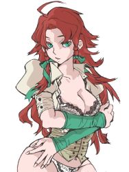 Rule 34 | 1girl, bad id, bad pixiv id, bands, bow, bow panties, bra, breasts, bridal gauntlets, bustier, corset, crossed arms, green eyes, hair ribbon, hong meiling, lace, lace-trimmed bra, lace-trimmed panties, lace trim, large breasts, lingerie, long hair, looking at viewer, messy hair, no pants, open clothes, panties, puffy short sleeves, puffy sleeves, red hair, ribbon, shiromeshi (pixiv), short sleeves, solo, standing, touhou, tress ribbon, underwear, wavy hair, white bra, white panties, wide hips