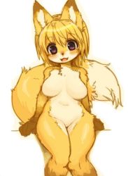 Rule 34 | 1girl, animal ears, animal nose, bad id, bad pixiv id, blonde hair, blush, breasts, copyright request, fox ears, fox tail, furry, furry female, kishibe, large breasts, looking at viewer, nude, short hair, simple background, sitting, smile, solo, tail, white background