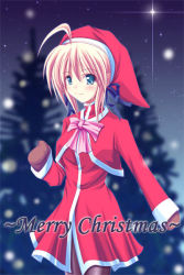 Rule 34 | 00s, 1girl, alternate costume, artoria pendragon (all), artoria pendragon (fate), blonde hair, blue eyes, bow, christmas, dress, fate/stay night, fate (series), female focus, hat, jacket, merry christmas, mittens, outdoors, pantyhose, red jacket, saber (fate), santa costume, sky, solo, tree