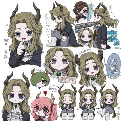 Rule 34 | 1girl, 3boys, :d, :o, ?, arrow (symbol), ascot, black coat, blonde hair, blue eyes, boots, brown hair, brown horns, chibi, closed eyes, closed mouth, coat, commentary request, crossed legs, demon boy, demon girl, demon horns, draht (sousou no frieren), empty eyes, expressions, granat (sousou no frieren), green hair, hair between eyes, hair over one eye, hair ribbon, hand to own mouth, heart, highres, horns, knee boots, linie (sousou no frieren), long hair, long sleeves, looking at another, looking at viewer, looking to the side, lugner (sousou no frieren), male focus, mob kangaroo chuui, multiple boys, multiple views, neck ribbon, on one knee, open mouth, parted bangs, pink hair, purple eyes, ribbon, screaming, shirt, short hair, smile, sousou no frieren, sparkle, speech bubble, standing, sword to throat, translation request, twintails, upper body, white ascot, white background, white footwear, white shirt