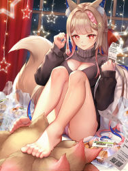 Rule 34 | + +, 1girl, animal ears, barefoot, blonde hair, blue nails, breasts, brown sweater, christmas, cleavage, closed mouth, curtains, feet, food, fox ears, fox girl, fox tail, healing luka, highres, holding, holding paper, indoors, lf (paro), long hair, long sleeves, looking at viewer, nail polish, nightgown, original, panties, paper, pink panties, red eyes, sitting, smile, solo, sweater, tail, toes, underwear, virtual youtuber, window