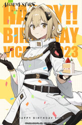 Rule 34 | 1girl, 2023, absurdres, alchemy stars, armor, artist request, belt, birthday cake, blonde hair, cake, copyright notice, eating, english text, food, fruit, hair ornament, happy birthday, highres, holding, holding plate, official art, pauldrons, plate, short hair, shoulder armor, strawberry, vice (alchemy stars)