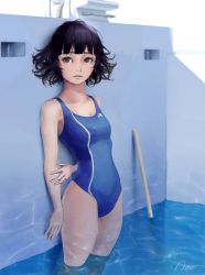 Rule 34 | 1girl, against wall, arm behind back, artist name, black hair, blue one-piece swimsuit, blunt bangs, breasts, broom, caustics, collarbone, competition swimsuit, day, expressionless, highres, holding own arm, lips, looking at viewer, messy hair, novgorod3000, one-piece swimsuit, original, outdoors, pool, revision, shade, short hair, small breasts, solo, standing, starting block, swimsuit, wading, water