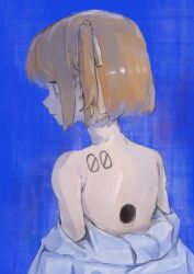 Rule 34 | 1girl, a.i. voice, adachi rei, back tattoo, bare back, bare shoulders, blue background, blunt ends, closed mouth, commentary, expressionless, from behind, hair ribbon, highres, hijou botan, hole on body, jacket, jacket partially removed, looking ahead, no shirt, number tattoo, one side up, orange hair, profile, ribbon, short hair, solo, symbol-only commentary, tattoo, upper body, utau