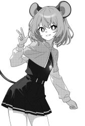 Rule 34 | 1girl, animal ears, capelet, cowboy shot, dress, greyscale, grin, hair between eyes, jewelry, long sleeves, monochrome, mouse ears, mouse tail, nazrin, onkn sxkn, pendant, short hair, simple background, smile, solo, tail, touhou, v, white background