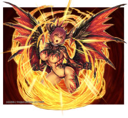 10s 1girl bad_id bad_pixiv_id breasts clenched_hands dark-skinned_female dark_skin demon demon_girl female_focus fire horns huge_breasts navel official_art open_mouth pointy_ears red_hair saltydanshark solo thighhighs underboob wings wixoss yellow_eyes