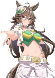 Rule 34 | 1girl, absurdres, ahoge, animal ears, breasts, brown hair, cleavage, closed mouth, collarbone, commentary request, cowboy shot, crop top, cropped jacket, green eyes, green shirt, hair between eyes, hair ornament, hairclip, hand on own hip, hat, highres, horse ears, horse girl, horse tail, jacket, long hair, long sleeves, looking at viewer, medium breasts, midriff, mini hat, mini top hat, mr. c.b. (umamusume), navel, olecafe2, open clothes, open jacket, pants, partial commentary, shirt, sidelocks, simple background, single bare shoulder, single sleeve, smile, solo, standing, strapless, strapless shirt, tail, top hat, umamusume, v, white background, white pants
