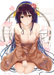 Rule 34 | 10s, 1girl, bare shoulders, black hair, blush, branch, breasts, brown eyes, cherry blossoms, cleavage, collarbone, covered erect nipples, expressionless, floral print, flower, hair flower, hair ornament, hairpin, haruna (kancolle), headgear, highres, japanese clothes, kantai collection, kimono, long hair, long sleeves, looking at viewer, parted lips, plant, seiza, shirotaso0818, sidelocks, sitting, sleeves past wrists, solo, very long hair, wide sleeves