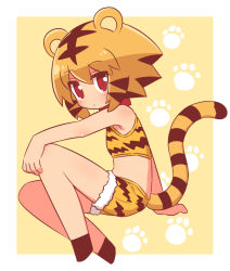 Rule 34 | 1girl, animal ears, animal print, arm support, armpit crease, bare shoulders, blush, border, closed mouth, collar, crop top, expressionless, from side, fur trim, hand on leg, highres, looking at viewer, multicolored hair, naga u, no feet, orange hair, original, outside border, paw print, print shorts, red collar, red eyes, short hair, short hair with long locks, shorts, sidelocks, sitting, slit pupils, solo, streaked hair, tail, tiger ears, tiger print, tiger tail, white border