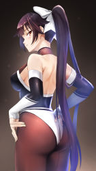 Rule 34 | 1girl, absurdres, art itou, ass, azur lane, black background, black hair, black pantyhose, bodystocking, bow, brown eyes, cowboy shot, elbow gloves, from behind, gloves, gradient background, hair flaps, highres, long hair, multicolored leotard, pantyhose, ponytail, race queen, solo, takao (azur lane), takao (full throttle charmer) (azur lane), two-tone gloves, two-tone leotard, white bow
