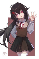 Rule 34 | 1girl, 2022, absurdres, alternate costume, artist logo, bear minstrel, black skirt, collared shirt, commentary, crossed bangs, flower, genshin impact, hair between eyes, hair flower, hair ornament, hand up, highres, hu tao (genshin impact), long hair, long sleeves, looking at viewer, neck ribbon, open mouth, pleated skirt, red eyes, red ribbon, ribbon, school uniform, shirt, simple background, skirt, solo, sweater vest, thighhighs, two-tone background, waving, white shirt, white thighhighs, zettai ryouiki