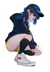 Rule 34 | 1girl, :d, absurdres, baseball cap, black socks, blue eyes, blue hair, blue hat, blue jacket, blush, convenient censoring, converse, creatures (company), dawn (pokemon), eyebrows hidden by hair, game freak, grin, hand on own thigh, hat, highres, hood, hood down, hooded jacket, jacket, kneehighs, long hair, long sleeves, looking at viewer, nintendo, open mouth, parted lips, poke ball print, pokemon, pokemon dppt, print footwear, shoes, short shorts, shorts, sleeves past wrists, smile, sneakers, socks, solo, squatting, t.k.c, white footwear, yellow shorts