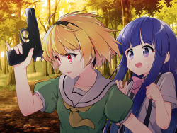 Rule 34 | 2girls, ahoge, black hairband, blonde hair, blue eyes, blue hair, blunt bangs, bow, bowtie, collarbone, commentary, dress, fang, forest, furude rika, green dress, gun, hairband, hand up, handgun, hazumi otoya, highres, higurashi no naku koro ni, holding, holding gun, holding weapon, houjou satoko, long hair, looking at another, multiple girls, nature, neckerchief, open mouth, outdoors, parted lips, pink bow, pink bowtie, pinky out, pistol, puffy short sleeves, puffy sleeves, red eyes, sailor collar, serious, shirt, short hair, short sleeves, skin fang, surprised, suspenders, sweatdrop, tree, trigger discipline, upper body, v-shaped eyebrows, weapon, white sailor collar, white shirt, yellow neckerchief