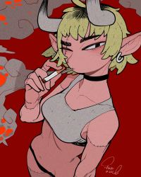 Rule 34 | 1girl, black choker, black panties, blonde hair, choker, cigarette, colored skin, earrings, grey horns, grey sports bra, highres, holding, holding cigarette, horns, jewelry, navel, one eye closed, original, panties, pink skin, pointy ears, red background, short hair, signature, simple background, smoking, solo, sparrowl, sports bra, stitched arm, stitched leg, stitches, underwear