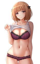Rule 34 | 1girl, bare arms, bare shoulders, black bow, blush, bow, bow bra, bow panties, bra, breasts, brown eyes, brown hair, cleavage, closed mouth, clothes lift, commentary, cowboy shot, gluteal fold, hair bow, highres, kazenokaze, lace, lace-trimmed bra, lace-trimmed panties, lace trim, lifting own clothes, looking at viewer, maehara nina, medium breasts, navel, ochikobore fruit tart, panties, purple bra, purple panties, seductive smile, shirt lift, simple background, smile, solo, tank top, underwear, white background, white tank top
