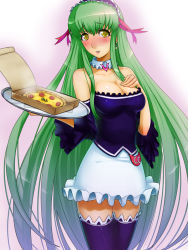 Rule 34 | 00s, 1girl, alternate costume, blush, breasts, c.c., cleavage, code geass, enmaided, food, green hair, large breasts, ldl, long hair, maid, pizza, solo, strapless, thighhighs, yellow eyes