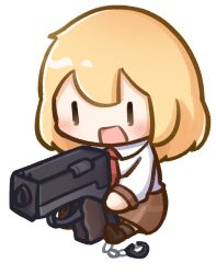 Rule 34 | blonde hair, blush, brown skirt, chibi, chibi only, collared shirt, commentary, english commentary, gun, handgun, highres, hololive, hololive english, huge weapon, long sleeves, moon ldl, necktie, open mouth, red necktie, shirt, short hair, simple background, skirt, smol ame, virtual youtuber, watson amelia, watson amelia (1st costume), weapon, white background, | |