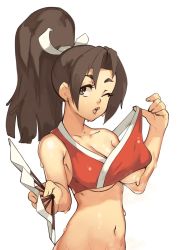 Rule 34 | 1girl, alternate breast size, bra, bra lift, breasts, brown hair, cleavage, fatal fury, folding fan, hand fan, hand up, high ponytail, highres, holding, holding fan, long hair, looking at viewer, medium breasts, navel, one eye closed, open mouth, parted lips, shiranui mai, simple background, solo, sweat, the king of fighters, underboob, underwear, undressing, vins-mousseux, white background