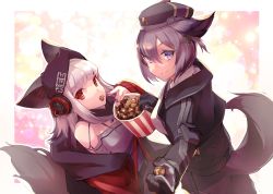 Rule 34 | 2girls, animal ears, arknights, arm at side, beret, black jacket, border, breasts, bucket, commentary request, cross hair ornament, dur-nar (arknights), dutch angle, e-bushi, ears through headwear, eating, food, fox ears, fox girl, fox tail, from side, frostleaf (arknights), hair between eyes, hair ornament, hairpin, hand up, hat, head tilt, headphones, headphones over headwear, height difference, hexagon, highres, jacket, light particles, long hair, long sleeves, looking at viewer, material growth, multiple girls, nail polish, off-shoulder shirt, off shoulder, oripathy lesion (arknights), outstretched hand, oversized clothes, pocket, popcorn, purple eyes, purple hair, red eyes, red jacket, red nails, scarf, shaded face, shirt, short hair, sidelocks, smile, tail, white background, white hair, white shirt, woollen cap