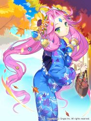 Rule 34 | 1girl, autumn, autumn leaves, bag, clock, copyright name, floral print, flower, green eyes, hair flower, hair ornament, highres, japanese clothes, kimono, leaf, long hair, makio00, maple leaf, moriarty (sid story), multicolored eyes, pink hair, sid story, solo