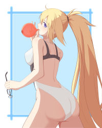 Rule 34 | 1girl, ass, balloon, blonde hair, blowing, blue eyes, commentary request, competition swimsuit, cowboy shot, drill bulbul, unworn eyewear, fate/grand order, fate (series), holding, holding balloon, holding removed eyewear, jeanne d&#039;arc (fate), jeanne d&#039;arc (swimsuit archer) (fate), jeanne d&#039;arc (swimsuit archer) (second ascension) (fate), looking at viewer, looking back, one-piece swimsuit, ponytail, solo, swimsuit, white one-piece swimsuit