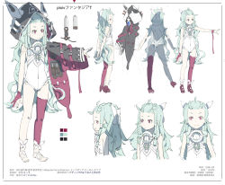 Rule 34 | 1girl, ahoge, character sheet, color guide, colored pencil (medium), cropped torso, dan evan, full body, graphite (medium), highres, knife, leotard, long hair, multiple views, original, pixiv fantasia, pixiv fantasia t, red eyes, simple background, standing, thighhighs, traditional media, very long hair, white background