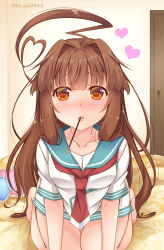 Rule 34 | 10s, 1girl, ahoge, blush, breasts, brown eyes, brown hair, collarbone, commentary request, door, eyebrows, food, hair intakes, heart, heart ahoge, heart-shaped pillow, highres, incoming pocky kiss, indoors, kantai collection, kneeling, ko yu, kuma (kancolle), long hair, looking at viewer, on bed, pillow, pocky, revision, short sleeves, solo, twitter username