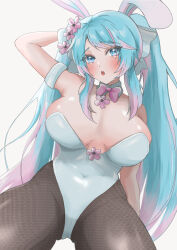 Rule 34 | 1girl, animal ears, blue eyes, blue hair, blush, breasts, cleavage, collar, commentary, covered navel, detached collar, english commentary, fake animal ears, fishnet pantyhose, fishnets, flower, hair flower, hair ornament, highres, hoshino mico, large breasts, leotard, long hair, looking at viewer, multicolored hair, navel, open mouth, pantyhose, pink hair, playboy bunny, rabbit ears, silvervale, strapless, streaked hair, swept bangs, twintails, virtual youtuber, vshojo, white collar, white leotard
