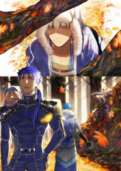 Rule 34 | 1other, 3boys, abs, armor, autumn, autumn leaves, back, beads, belt, blue hair, bodysuit, bracelet, branch, cape, capelet, chibi, closed mouth, cu chulainn (caster) (fate), cu chulainn (fate), cu chulainn (fate) (all), cu chulainn (fate/stay night), cu chulainn alter (fate), cu chulainn alter (fate/grand order), earrings, elbow gloves, facepaint, fang, fate/grand order, fate/stay night, fate (series), forest, from above, from behind, frown, full body, fur, fur-trimmed hood, fur trim, gloves, hair beads, hair ornament, hand on own hip, hood, hood down, hood up, hooded capelet, jewelry, lancer, long hair, looking up, male focus, mini cu-chan (fate), multiple boys, multiple persona, multiple views, muscular, nature, navel, open mouth, outdoors, pauldrons, ponytail, red eyes, shoulder armor, sitting, skin tight, sparkle, spiked hair, spikes, standing, tail, tree, type-moon, yuu (guruko)