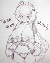 Rule 34 | 1girl, ahoge, alternate costume, anger vein, blush, breasts, clothes lift, collarbone, commentary request, enmaided, highres, large breasts, lifted by self, long hair, looking at viewer, low twintails, maid, maid headdress, monochrome, nipples, panties, senki zesshou symphogear, skirt, skirt lift, solo, thighs, traditional media, tsukareta san, twintails, underwear, yukine chris