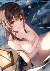Rule 34 | 1girl, bathing, breast hold, breasts, brown eyes, brown hair, character request, check commentary, cleavage, collarbone, commentary, commentary request, copyright request, covering privates, lantern, large breasts, looking at viewer, miyase mahiro, naked towel, nude cover, onsen, open mouth, partially submerged, rock, snowman, solo, thighs, towel, water, wet, white towel
