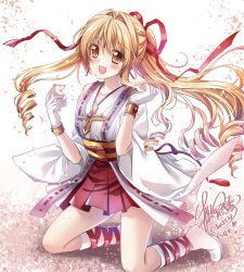Rule 34 | 1girl, blonde hair, blush, breasts, chess piece, commentary request, cross, cross necklace, drill hair, earrings, floating hair, gloves, hair between eyes, hair ribbon, holding chess piece, japanese clothes, jewelry, kamikaze kaitou jeanne, kimono, kneeling, kusakabe maron, long hair, looking at viewer, necklace, obi, open mouth, orange eyes, petals, ponytail, red ribbon, red skirt, ribbon, sakurano ru, sash, sidelocks, signature, simple background, skirt, small breasts, solo, white background, white gloves, white kimono, wide sleeves