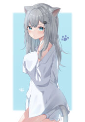 Rule 34 | 1girl, animal ears, blue eyes, cat ears, cat girl, cat tail, expressionless, grey hair, highres, indie virtual youtuber, long hair, long sleeves, looking at viewer, nachoneko, off shoulder, open clothes, open shirt, parted lips, shinshia (sinsia 0928), shirt, short shorts, shorts, sleeves past fingers, sleeves past wrists, tail, virtual youtuber, white shirt, white shorts