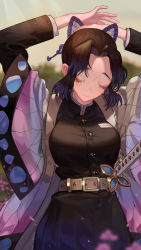 Rule 34 | 1girl, adjusting hair, animal print, arms up, belt, black hair, black pants, blurry, blurry background, breasts, bug, butterfly, butterfly hair ornament, butterfly print, closed eyes, coat, cowboy shot, dated, day, eyelashes, forehead, glint, gradient hair, hair ornament, haori, highres, insect, japanese clothes, katana, kimetsu no yaiba, kochou shinobu, large breasts, long sleeves, multicolored hair, outdoors, pants, parted bangs, peach luo, petals, purple hair, sheath, sheathed, short hair, signature, solo, sunlight, sword, two-tone hair, uniform, weapon, wide sleeves