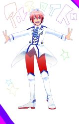Rule 34 | 1boy, arsloid, bandaid, bandaid on face, boots, character name, coattails, headphones, knee boots, male focus, outstretched arms, pants, red eyes, red hair, red pants, smile, solo, star (symbol), tailcoat, vocaloid