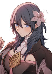 Rule 34 | 1girl, black hair, blue eyes, blush, breasts, byleth (female) (fire emblem), byleth (fire emblem), clenched hand, closed mouth, commentary request, fire emblem, fire emblem: three houses, flower, hair between eyes, hair flower, hair ornament, highres, ikarin, looking at viewer, medium breasts, medium hair, nintendo, simple background, solo, upper body, white background, white flower