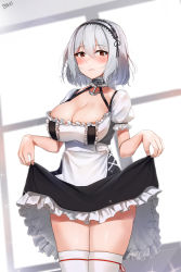 Rule 34 | 1girl, absurdres, azur lane, binu (nadenade), blush, breasts, choker, cleavage, clothes lift, collarbone, cowboy shot, dress, dress lift, frills, hair between eyes, hairband, highres, indoors, lace-trimmed hairband, lace trim, large breasts, lifting own clothes, looking at viewer, maid, puffy sleeves, red eyes, ribbon, ribbon-trimmed legwear, ribbon trim, short hair, short sleeves, sidelocks, sirius (azur lane), solo, thighhighs, white hair, white thighhighs