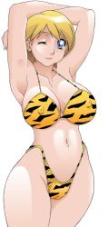Rule 34 | 1girl, animal print, armpits, arms behind head, artist request, bikini, blue eyes, breasts, cameltoe, character request, cleavage, covered erect nipples, large breasts, lips, lipstick, looking at viewer, makeup, mature female, navel, one eye closed, pink lips, smile, swimsuit, thick thighs, thighhighs, thighs, thong bikini, tiger print, wink