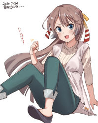 Rule 34 | 1girl, :d, alternate costume, black footwear, blue eyes, brown hair, casual, clenched hand, dated, foot out of frame, green pants, hair ribbon, high heels, highres, kantai collection, kazagumo (kancolle), long hair, looking at viewer, meguru (megurunn), one-hour drawing challenge, open mouth, pants, ponytail, pumps, ribbed sweater, ribbon, simple background, sitting, smile, solo, sweater, twitter username, white background, white sweater