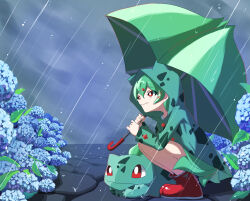 Rule 34 | 1girl, 1other, blue flower, boots, bulbasaur, check flower, closed mouth, cloud, cloudy sky, commentary request, creature and personification, creatures (company), flower, game freak, gen 1 pokemon, green hair, green raincoat, green skirt, green umbrella, hair between eyes, hair ornament, highres, holding, holding umbrella, hydrangea, kuroishiro, light smile, long sleeves, lying, nintendo, on stomach, outdoors, personification, pokemon, pokemon (creature), rain, raincoat, red eyes, red footwear, rubber boots, short hair, sidelocks, skirt, sky, squatting, umbrella, x hair ornament