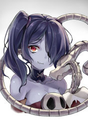 Rule 34 | 1girl, bare shoulders, blue hair, blue skin, bone, breasts, cleavage, colored skin, detached collar, detached sleeves, closed eyes, hair over one eye, kakao rantan, leviathan (skullgirls), long hair, looking at viewer, red eyes, side ponytail, simple background, skull, skullgirls, smile, squigly (skullgirls), stitched mouth, stitches, upper body, zombie
