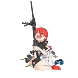 Rule 34 | 1girl, 92m, aged down, ammunition, bandaid, bandaid on knee, bandaid on leg, belt, black gloves, black ribbon, black shirt, blue footwear, blush, breasts, bullet, closed eyes, colored shoe soles, crying, full body, girls&#039; frontline, gloves, green belt, gun, hair between eyes, hair ribbon, holding, holding gun, holding weapon, jacket, kneeling, long hair, official alternate costume, official art, open mouth, orsis t-5000, panties, pink panties, pouch, red hair, red socks, ribbon, rifle cartridge, scope, shell casing, shirt, shoes, unworn shoes, short sleeves, simple background, single glove, single shoe, sitting, skirt, small breasts, sneakers, socks, solo, t-5000 (crimson destroyer) (girls&#039; frontline), t-5000 (girls&#039; frontline), torn clothes, torn shirt, torn skirt, transparent background, turtleneck, underwear, wariza, weapon, white jacket, white skirt