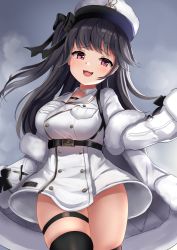 Rule 34 | 1girl, azur lane, black gloves, black hair, black thighhighs, blush, breasts, coat, commentary request, fur trim, gloves, hat, large breasts, long hair, long sleeves, looking at viewer, manda (manda9n), open mouth, pamiat merkuria (azur lane), partial commentary, purple eyes, smile, solo, thighhighs, white hat