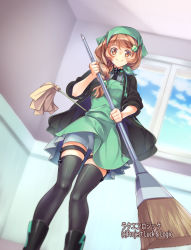 Rule 34 | 10s, 1girl, apron, bandana, black footwear, black jacket, black necktie, black thighhighs, blue dress, blue sky, braid, broom, brown eyes, brown hair, cloud, clover, clover hair ornament, copyright name, day, dress, duster, four-leaf clover, from below, green bandana, hair ornament, hair over shoulder, hairclip, holding, holding broom, indoors, jacket, long hair, looking at viewer, luck &amp; logic, nanahoshi yukari, necktie, official art, shoes, shorts, shorts under dress, shorts under skirt, shuri yasuyuki, side braid, single braid, sky, sleeves rolled up, smile, solo, standing, thighhighs, watermark, window